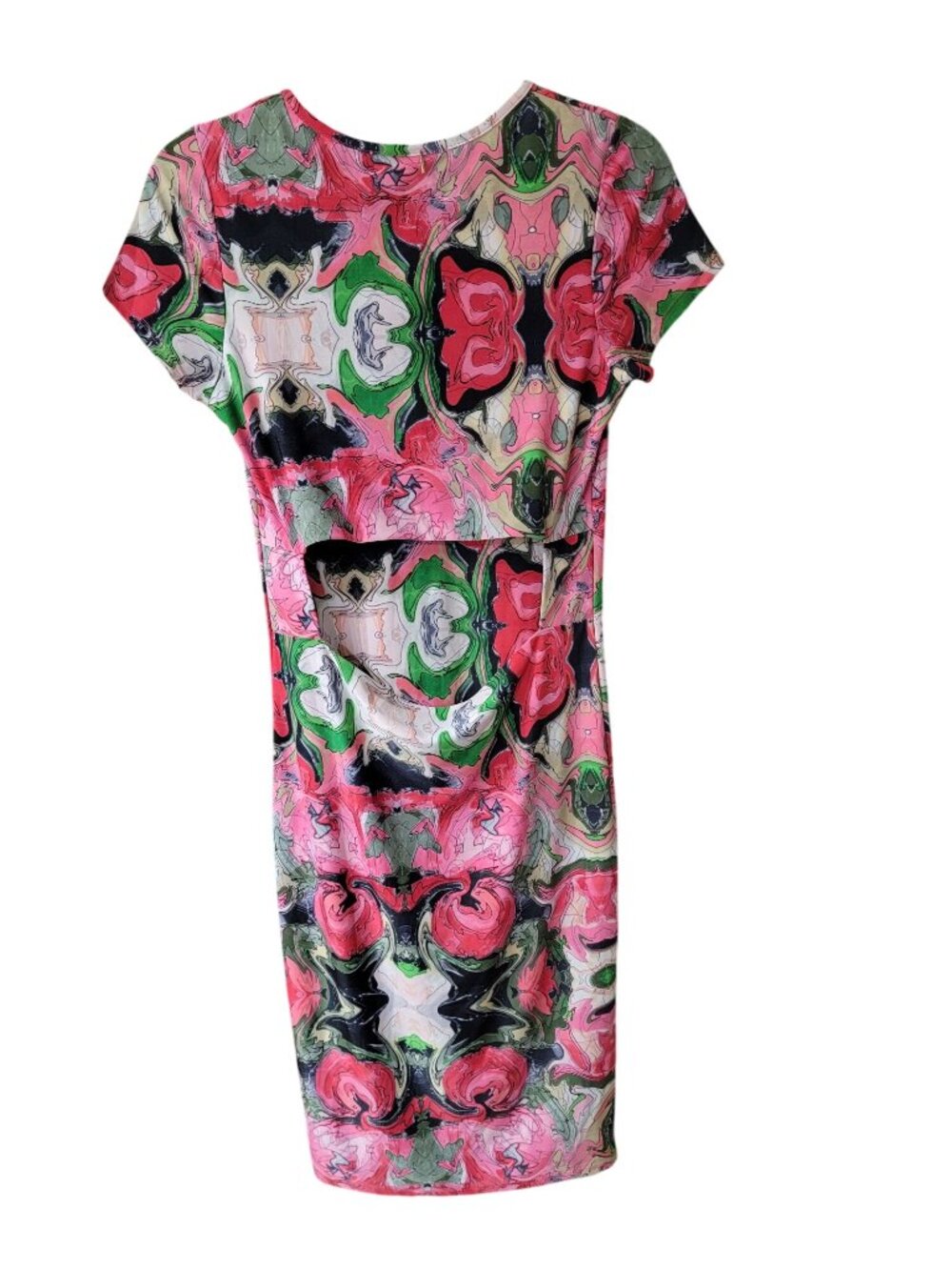 T-Bags Los Angeles Dress L Pink Abstract Psychedelic Open Back Stretch Midi - Picture 2 of 11
